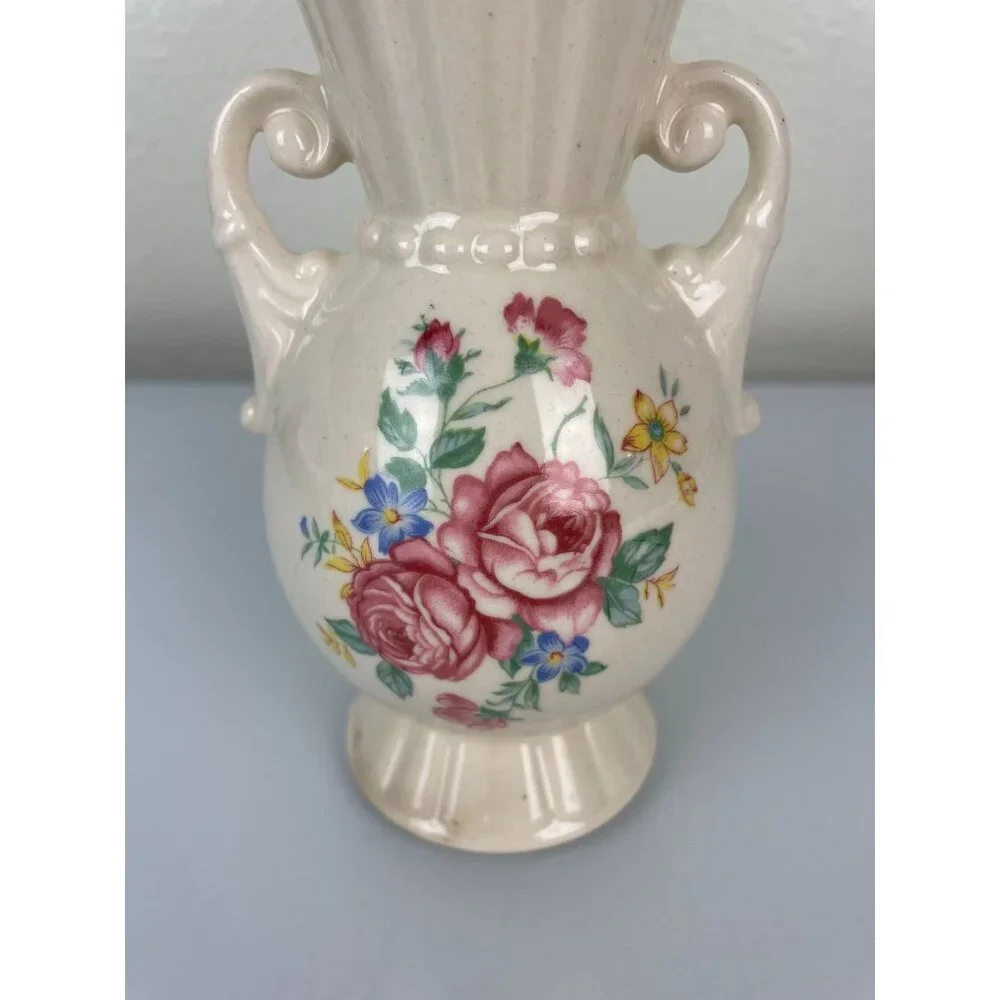 Vintage Royal Copley Beige Rose Floral Handled Vase, Mid-Century Pottery Ceramic